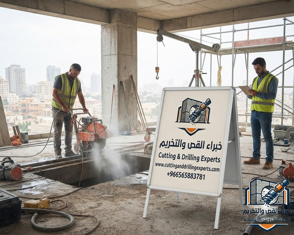 فتحات مصاعد خرسانية حي شهار الطائف باستخدام أحدث معدات القص والواير الماسي لتنفيذ فتحات دقيقة وفق المخططات الهندسية وبدون تكسير عشوائي